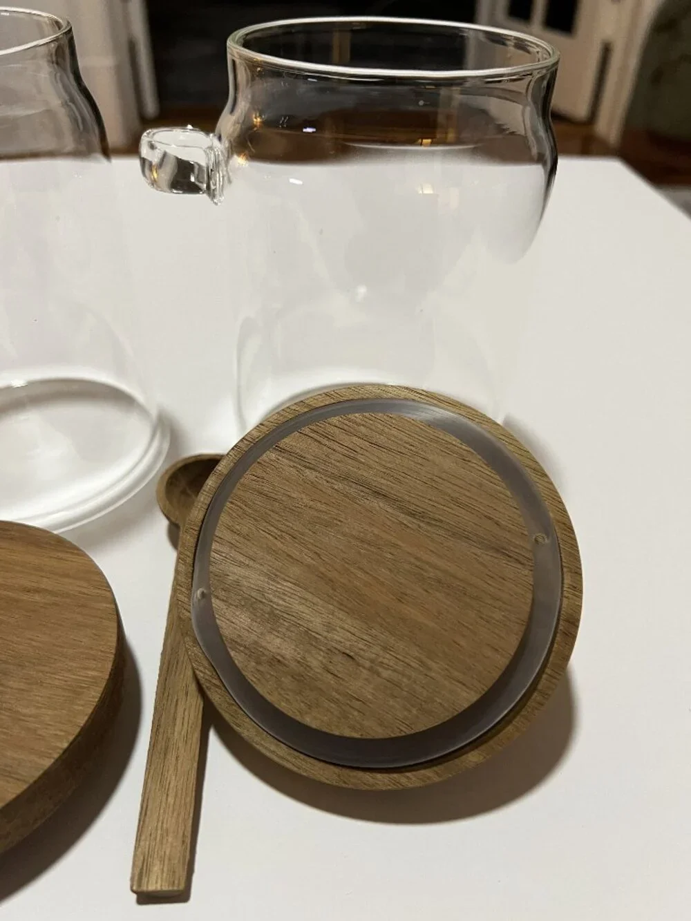 9pc Piscepio Glass Canister Set w/Airtight Bamboo Lids & Wood Spoons EUC
